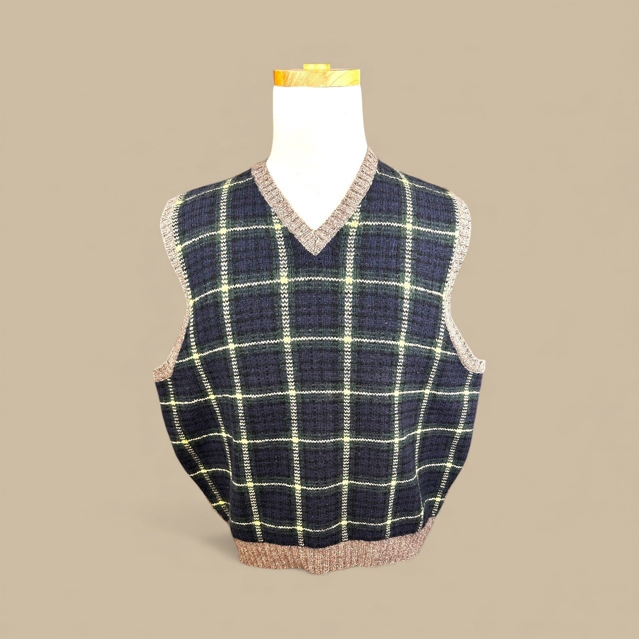 Polo Ralph Lauren Vtge Men V-Neck Plaid Wool Silk Sweater Vest Sz Xl Brown Green
